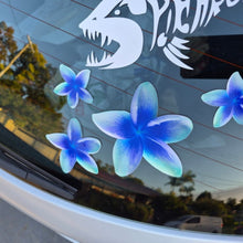 Load image into Gallery viewer, Frangipani Blue flower decals on a car window with a shark decal in the background.
