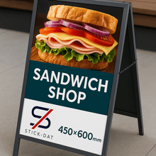 Load image into Gallery viewer, A-frame sign for a sandwich shop with a large sandwich graphic and Stick-Dat logo.