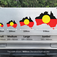 Load image into Gallery viewer, Trailer tray with Aboriginal flag designs and size measurements on a road.