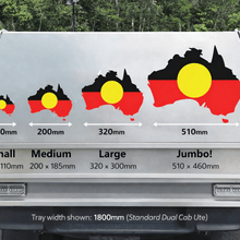 Load image into Gallery viewer, Trailer tray with Aboriginal flag designs and size measurements on a road.