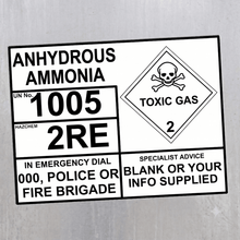 Load image into Gallery viewer, Anhydrous Ammonia UN 1005 Hazchem EIP Decal Sign – Tank Identification