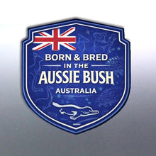 Load image into Gallery viewer, Emblem with Australian flag and text 'Born & Bred in the Aussie Bush, Australia' on a blue background