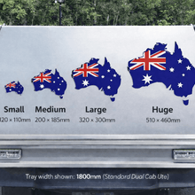 Load image into Gallery viewer, Truck bed liner with Australian flag designs and size measurements on a back for a sizing chart.