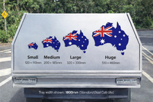 Load image into Gallery viewer, Truck bed liner with Australian flag designs and size measurements on a back for a sizing chart.