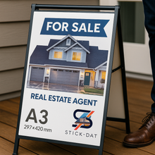 Load image into Gallery viewer, Real estate 'For Sale' sign on a stand with a house illustration and text.