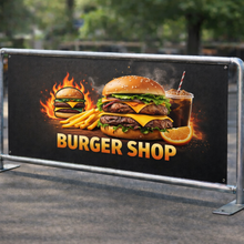 Load image into Gallery viewer, Burger shop sign with a burger, fries, and drink on a dark background