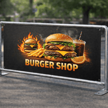 Load image into Gallery viewer, Burger shop sign with a burger, fries, and drink on a dark background