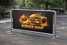 Load image into Gallery viewer, Burger shop sign with a burger, fries, and drink on a dark background