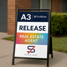 Load image into Gallery viewer, Outdoor sign for a real estate agent with 'Stick-Dat' branding in front of a house.