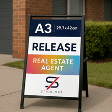 Load image into Gallery viewer, Outdoor sign for a real estate agent with 'Stick-Dat' branding in front of a house.