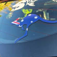 Load image into Gallery viewer, Blue kangaroo-shaped decal with Australian flag design on a car window.