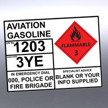 Load image into Gallery viewer, Aviation Gasoline UN 1203 Hazchem EIP Sticker Sign – Tank Identification Label