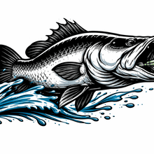 Load image into Gallery viewer, Illustration of a barramundi fish with a hook in its mouth on a white background