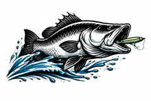 Load image into Gallery viewer, Illustration of a barramundi fish with a hook in its mouth on a white background