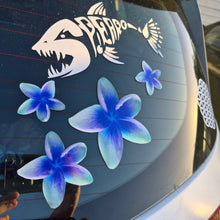 Load image into Gallery viewer, Car window with shark decal and blue Frangipani flower stickers