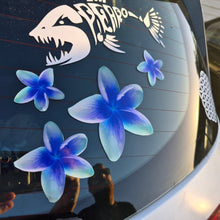 Load image into Gallery viewer, Frangipani Car window with blue flower decals and a shark graphic