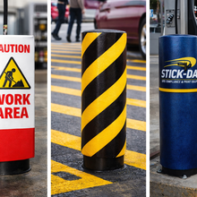 Load image into Gallery viewer, Collage of safety signs and cylindrical barriers at a gas station.