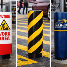 Load image into Gallery viewer, Collage of safety signs and cylindrical barriers at a gas station.
