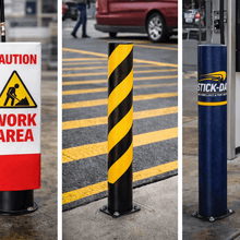 Load image into Gallery viewer, Collage of safety signs and barriers at a gas station.