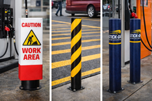 Load image into Gallery viewer, Collage of safety signs and barriers at a gas station.