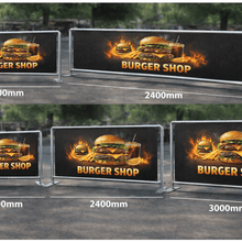Load image into Gallery viewer, Burger shop signboards of different sizes on a wooden surface with a blurred outdoor background.