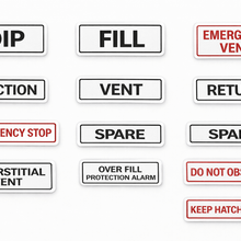 Load image into Gallery viewer, Set of control panel labels with various safety and operational terms on a white background.
