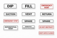 Load image into Gallery viewer, Set of control panel labels with various safety and operational terms on a white background.