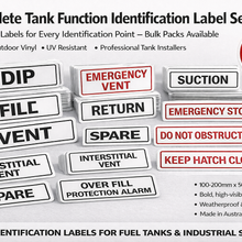 Load image into Gallery viewer, Set of tank function identification labels with various text on a white background