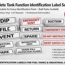 Load image into Gallery viewer, Set of tank function identification labels with various text on a white background