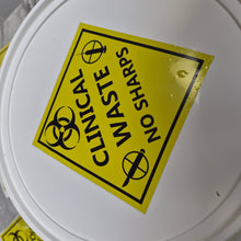 Load image into Gallery viewer, Clinical waste sticker with biohazard symbol and warning text on a gray background