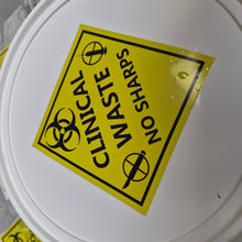 Load image into Gallery viewer, Clinical waste sticker with biohazard symbol and warning text on a gray background