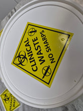 Load image into Gallery viewer, Clinical waste sticker with biohazard symbol and warning text on a gray background