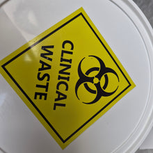 Load image into Gallery viewer, White container with a yellow 'Clinical Waste' sign featuring a biohazard symbol.