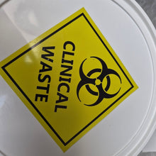 Load image into Gallery viewer, White container with a yellow 'Clinical Waste' sign featuring a biohazard symbol.