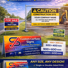 Load image into Gallery viewer, Advertisement for Custom Corflute Signs with various sizes and uses displayed.