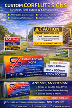 Load image into Gallery viewer, Advertisement for Custom Corflute Signs with various sizes and uses displayed.