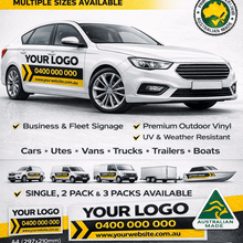 Load image into Gallery viewer, Advertisement for custom vehicle stickers with a car and various sticker designs.