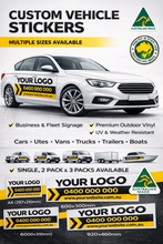 Load image into Gallery viewer, Advertisement for custom vehicle stickers with a car and various sticker designs.