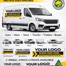 Load image into Gallery viewer, Advertisement for custom vehicle stickers with a white van and contact information.