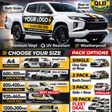 Load image into Gallery viewer, Advertisement for custom vehicle stickers with a white truck and branding options.