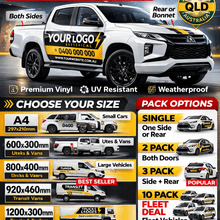 Load image into Gallery viewer, Advertisement for custom vehicle stickers with a white truck and branding options.
