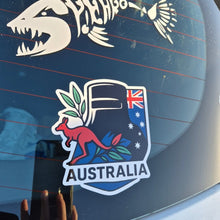 Load image into Gallery viewer, Car window with two decals, one featuring a kangaroo and the other,Ned Kelly dark background