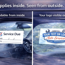 Load image into Gallery viewer, Two car window stickers showing 'Service Due' label and customizable auto service logo.