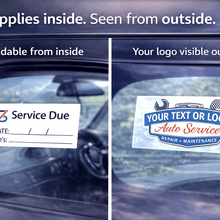 Load image into Gallery viewer, Two car window stickers showing 'Service Due' label and customizable auto service logo.