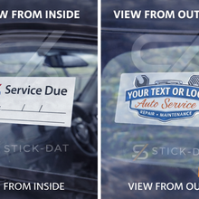 Load image into Gallery viewer, Two views of a car windshield with a service due sticker, one from inside and one from outside, showing the sticker's visibility from both angles.