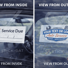 Load image into Gallery viewer, Two views of a car windshield with a service due sticker, one from inside and one from outside, showing the sticker's visibility from both angles.