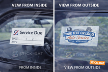 Load image into Gallery viewer, Two views of a car windshield with a service due sticker, one from inside and one from outside, showing the sticker's visibility from both angles.