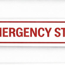 Load image into Gallery viewer, Rectangular red 'EMERGENCY STOP' sign on a white background