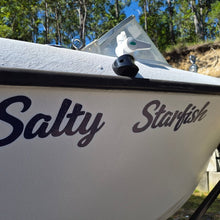 Load image into Gallery viewer, White boat with custom made name 'Salty Starfish' decal on a natural background in australia