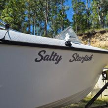 Load image into Gallery viewer, White boat named 'Salty Starfish' with trees and clear sky in the background